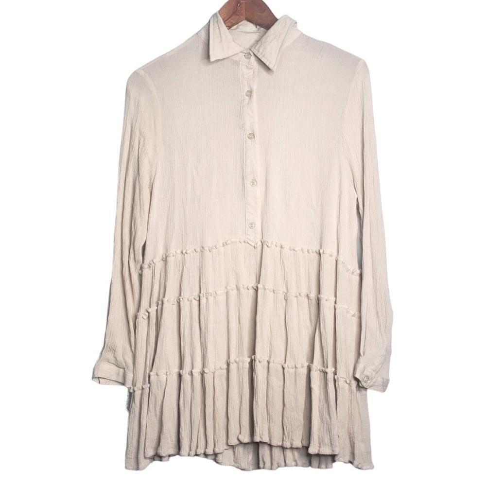 PPLA tan lagon boho long sleeve collar button front pleated shirt dress medium